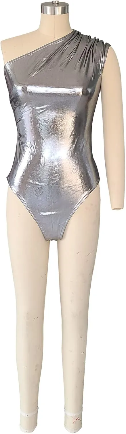 Women Two Piece One Shoulder Sexy Metallic Shiny Bodysuit Furry Mini Skirt Bodycon Outfit Fringe Tassel Clubwear Set
