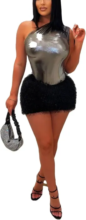 Women Two Piece One Shoulder Sexy Metallic Shiny Bodysuit Furry Mini Skirt Bodycon Outfit Fringe Tassel Clubwear Set