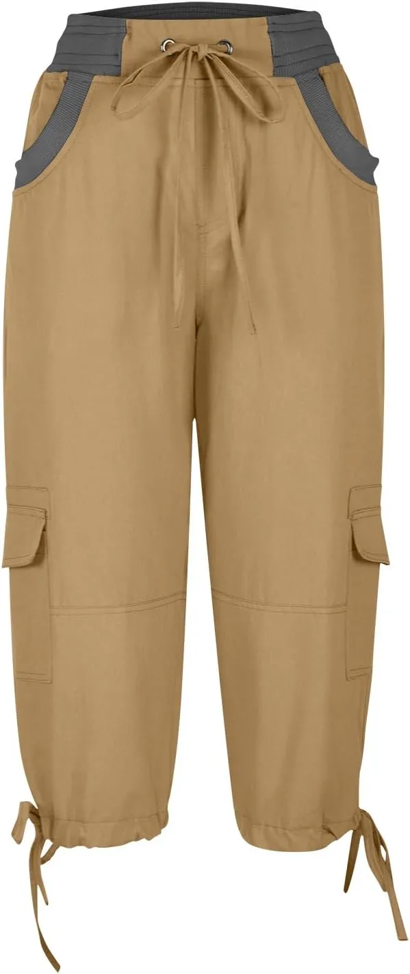 Women's Cargo Capris Summer 2025 Dressy Casual Elastic Hiking Pants Outdoor Cuffed Hem Capris with Pockets 2025 New