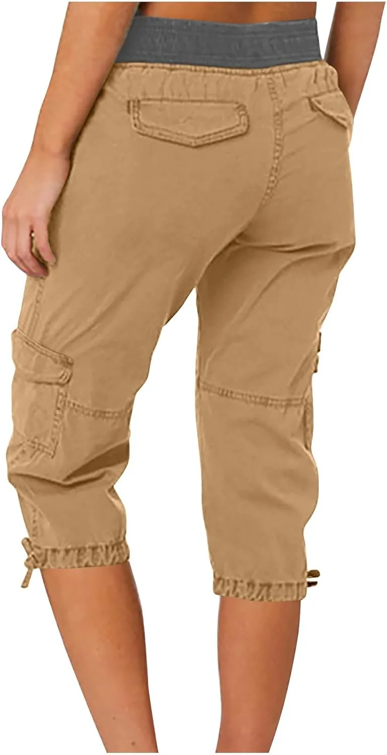 Women's Cargo Capris Summer 2025 Dressy Casual Elastic Hiking Pants Outdoor Cuffed Hem Capris with Pockets 2025 New