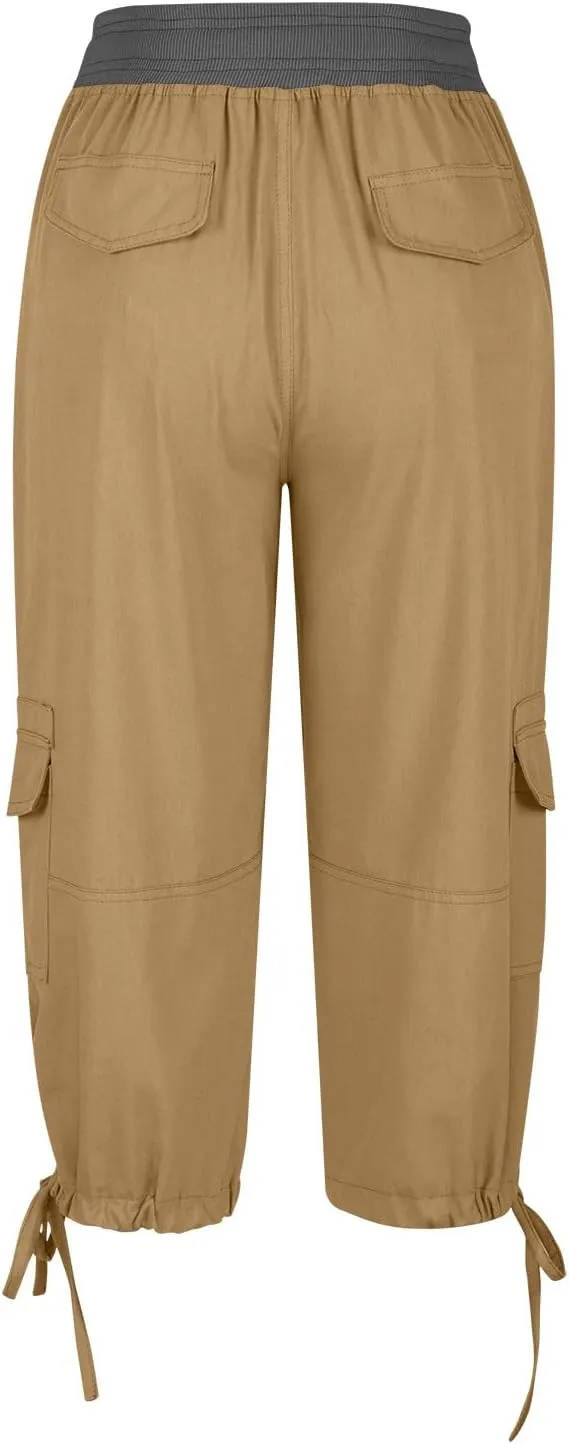 Women's Cargo Capris Summer 2025 Dressy Casual Elastic Hiking Pants Outdoor Cuffed Hem Capris with Pockets 2025 New