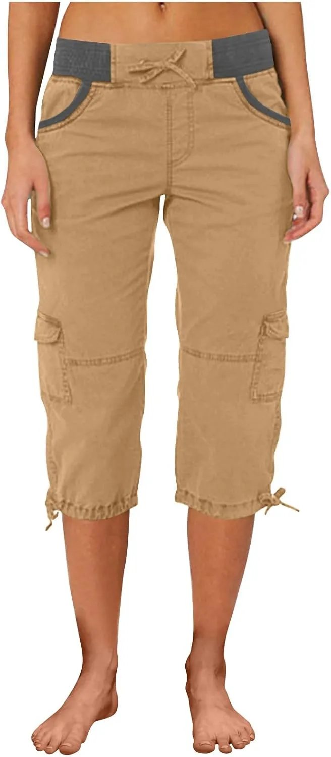Women's Cargo Capris Summer 2025 Dressy Casual Elastic Hiking Pants Outdoor Cuffed Hem Capris with Pockets 2025 New