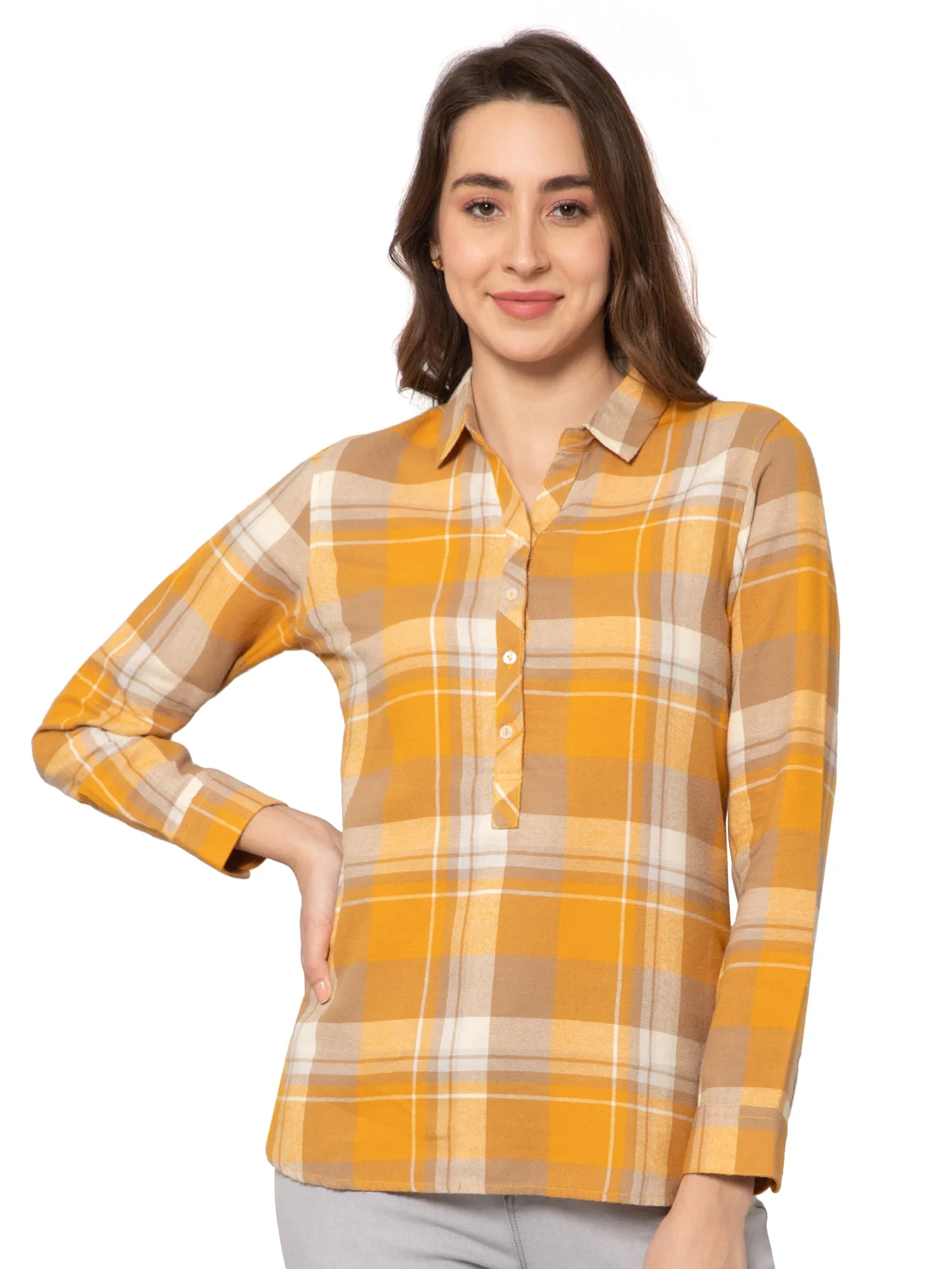 Women's Casual  Yellow Check Spread Collar Tunic