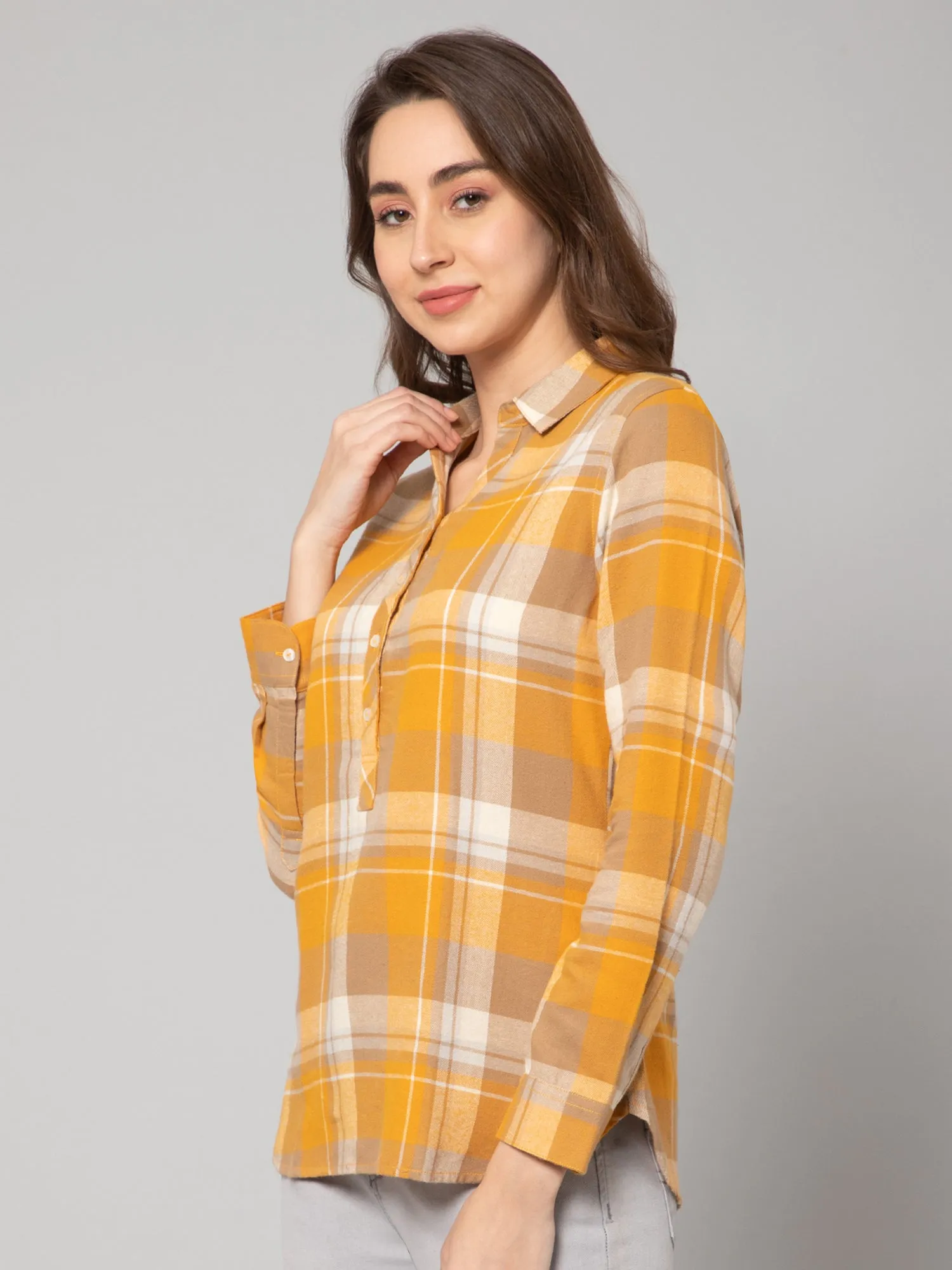 Women's Casual  Yellow Check Spread Collar Tunic