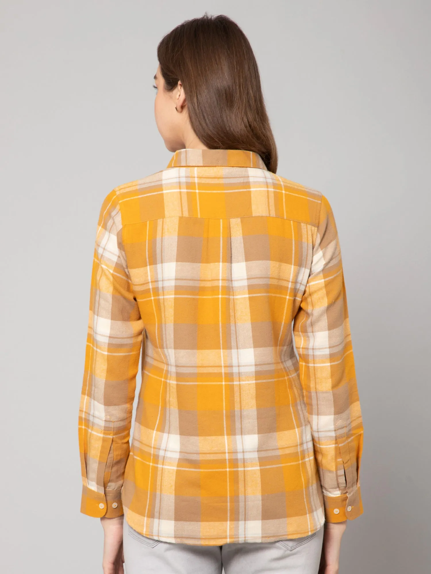 Women's Casual  Yellow Check Spread Collar Tunic