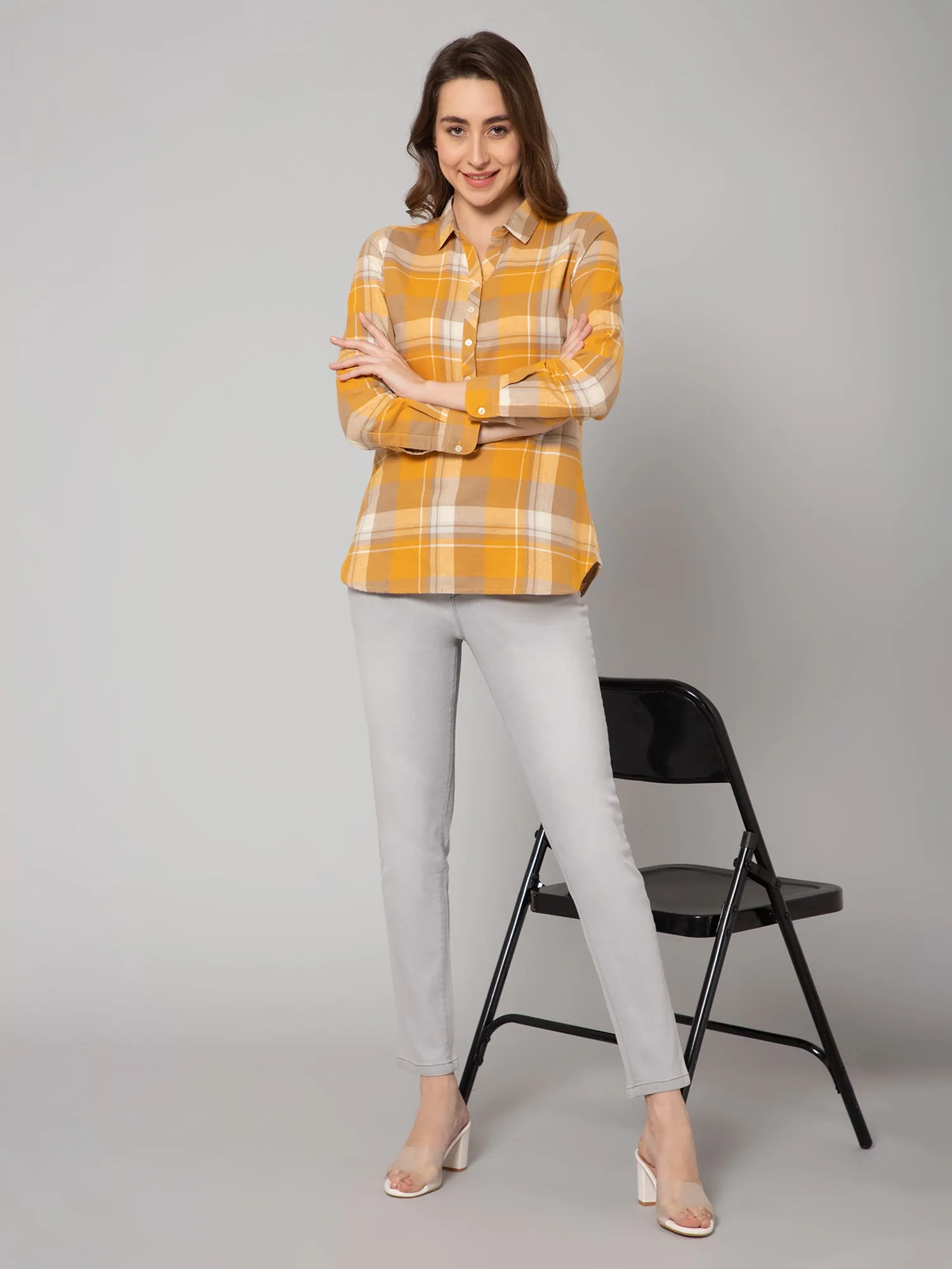 Women's Casual  Yellow Check Spread Collar Tunic