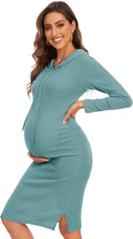 Women's Knit Split Maternity Dress Long Sleeve Ruched Pregnancy Clothes Hoodie Dress