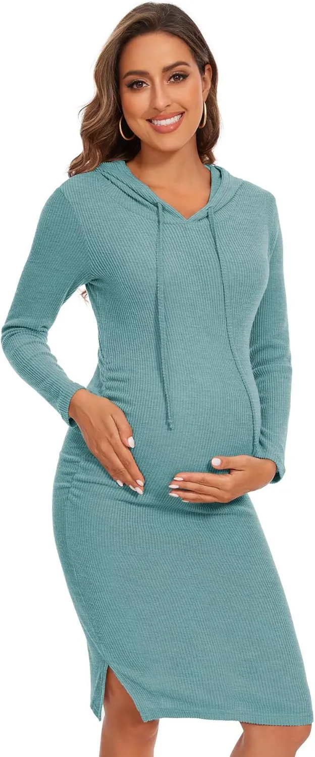 Women's Knit Split Maternity Dress Long Sleeve Ruched Pregnancy Clothes Hoodie Dress