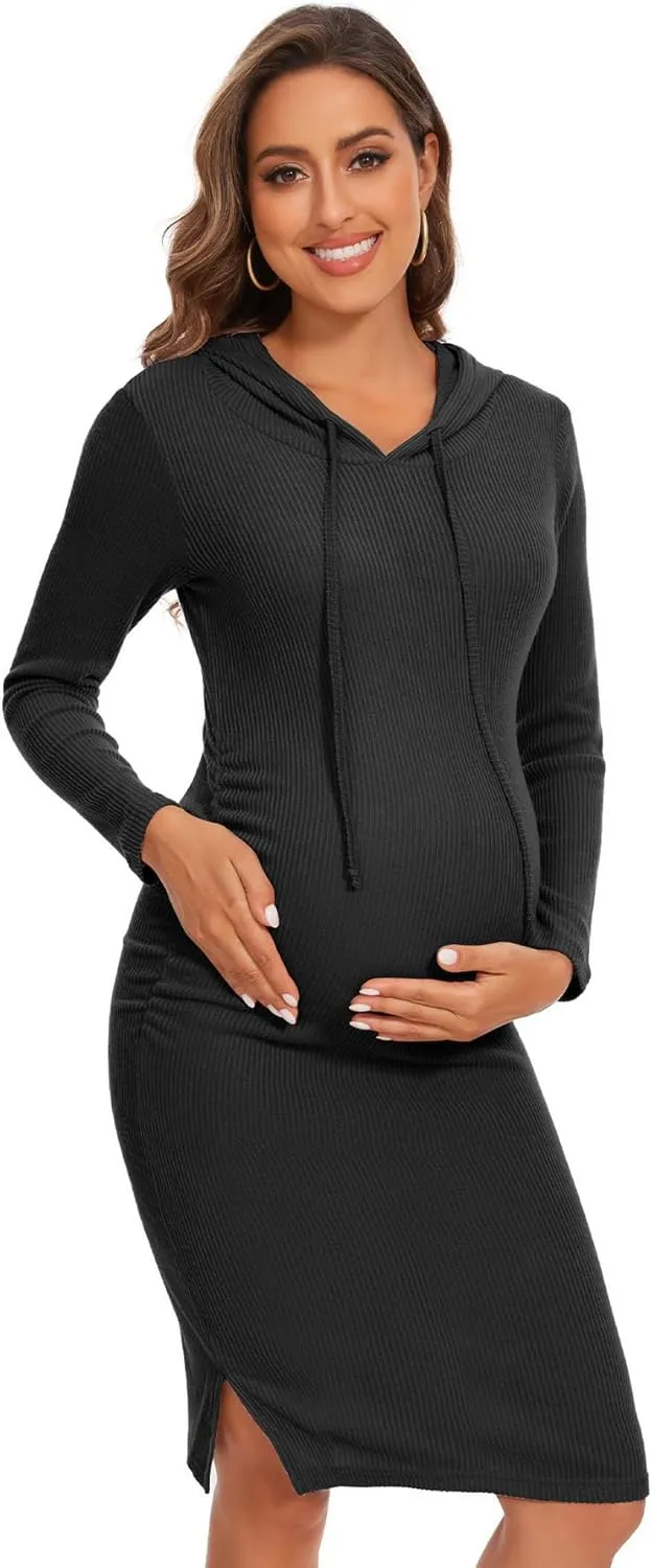 Women's Knit Split Maternity Dress Long Sleeve Ruched Pregnancy Clothes Hoodie Dress