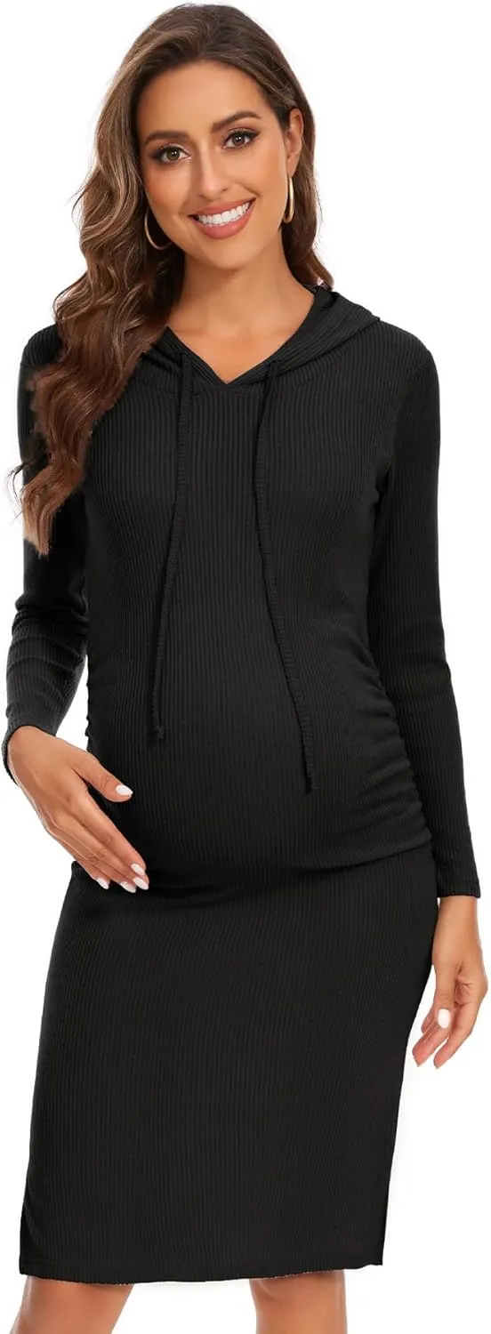 Women's Knit Split Maternity Dress Long Sleeve Ruched Pregnancy Clothes Hoodie Dress