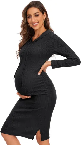 Women's Knit Split Maternity Dress Long Sleeve Ruched Pregnancy Clothes Hoodie Dress