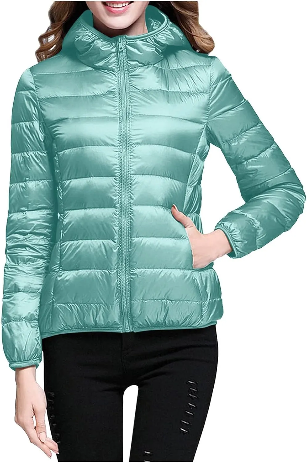 Womens Puffer Jacket Packable Down Jackets Winter Warm Lightweight Short Down Coat Full Zip Hooded Slim Fit Outwear