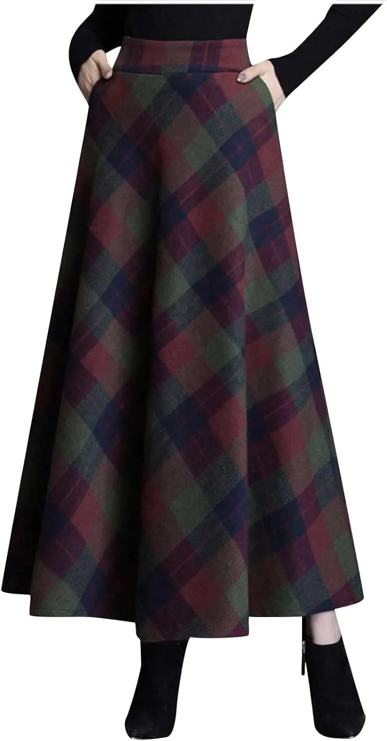 Women's Retro Woolen Plaid Skirt Winter Fall Warm High Waisted Maxi Skirt A line Flared Pleated Tartan Skirts