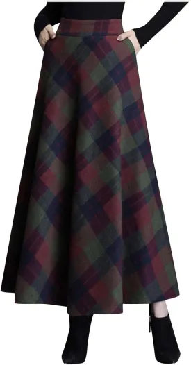 Women's Retro Woolen Plaid Skirt Winter Fall Warm High Waisted Maxi Skirt A line Flared Pleated Tartan Skirts