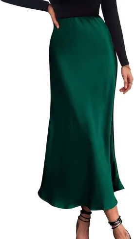 Womens Satin Maxi Skirts Summer Casual Silk Elastic High Waisted Skirt Fashion Flowy Solid Color Flared A-Line Skirt