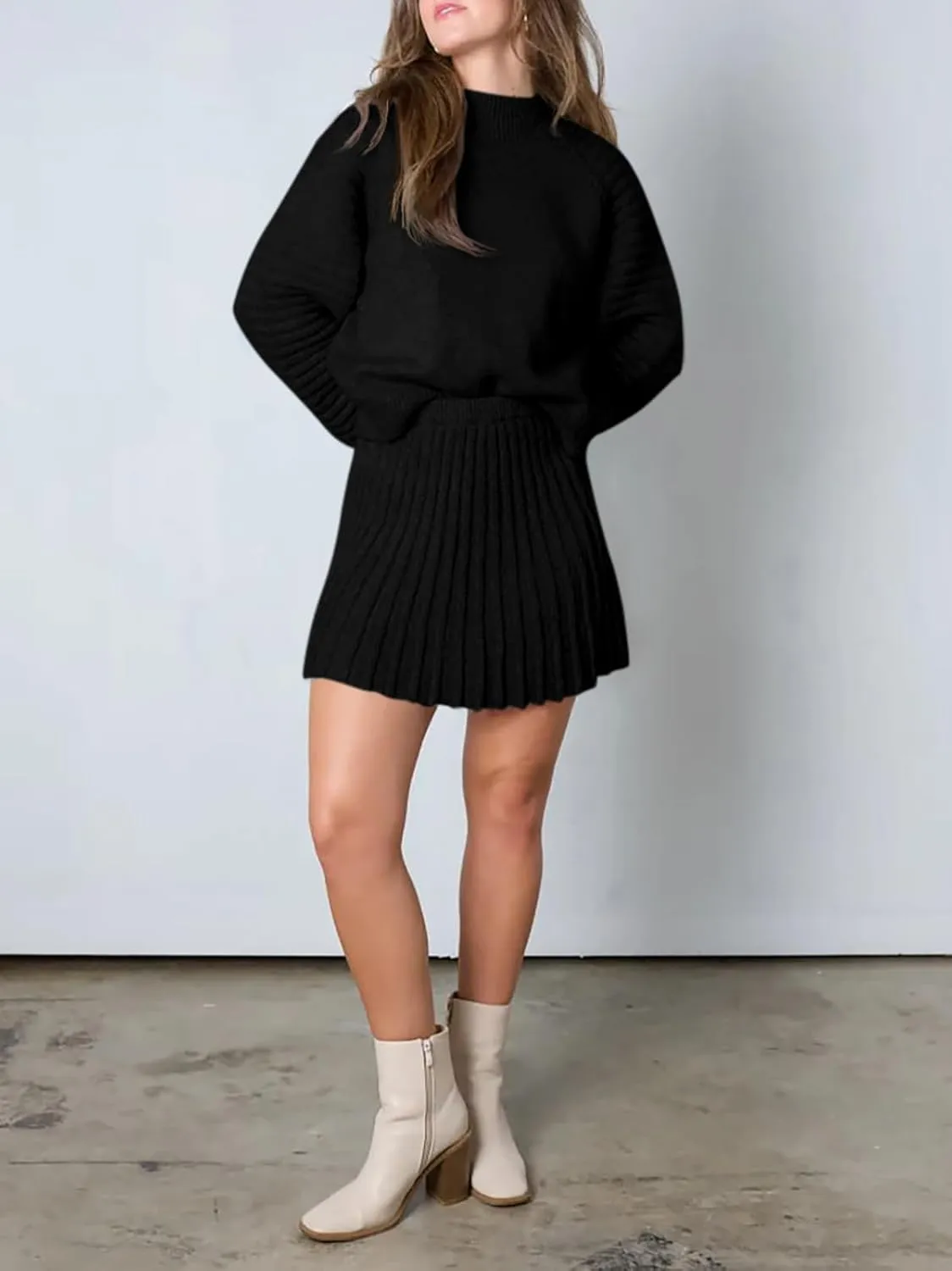 Zwurew Women's 2 Piece Outfits Long Sleeve Mock Neck Ribbed Sweaters and Mini Skirt 2025 Two Piece Sets
