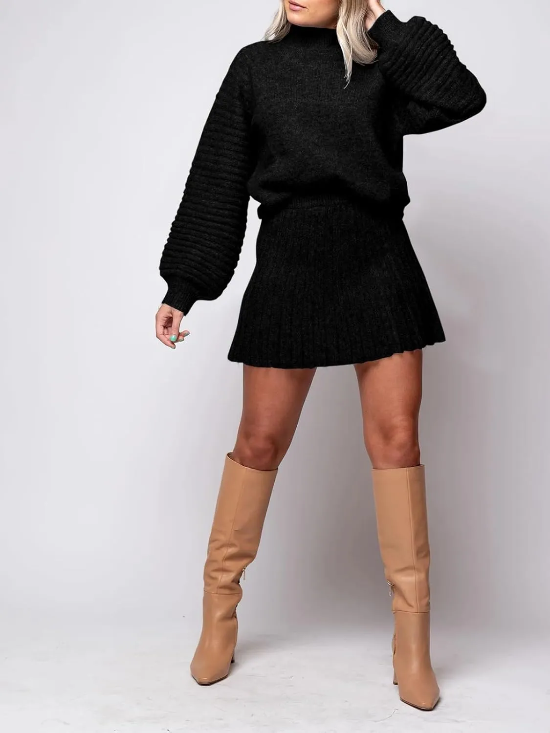 Zwurew Women's 2 Piece Outfits Long Sleeve Mock Neck Ribbed Sweaters and Mini Skirt 2025 Two Piece Sets