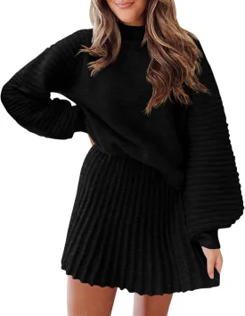 Zwurew Women's 2 Piece Outfits Long Sleeve Mock Neck Ribbed Sweaters and Mini Skirt 2025 Two Piece Sets